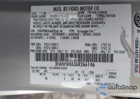2010 Ford Fusion Se z USA, uszkodzony, nr VIN 3FAHP0HA3AR266146